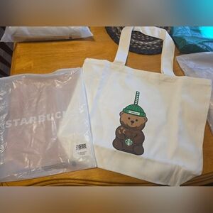 Starbucks White Tote with Bearista Bear